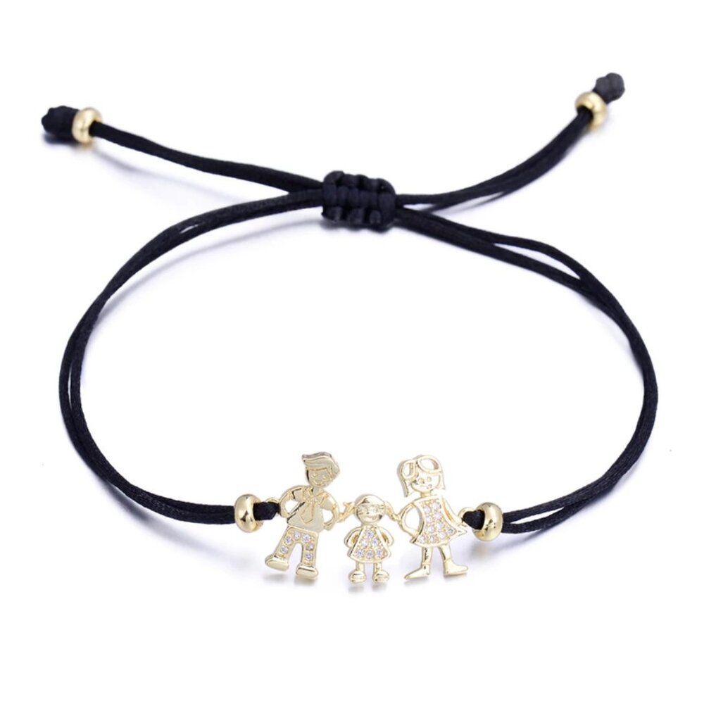 Yellow Gold Family Bracelet Mom Dad Daughter Black Cord Cubic Zirconia